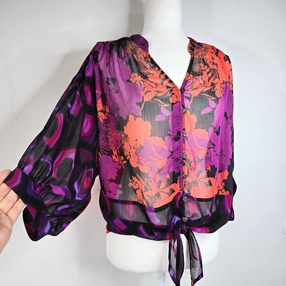 Anthropologie Fig and Flower Oversized Red Black Purple Floral Button Front Top - Picture 4 of 7